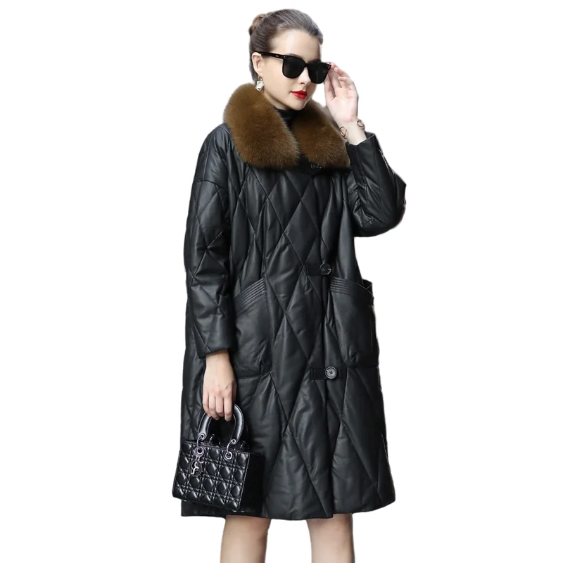 Leather Down Jacket for Women, Medium Length, Loose, Large Sheepskin Coat, Fox Fur Collar, Warm Outerwear, Winter