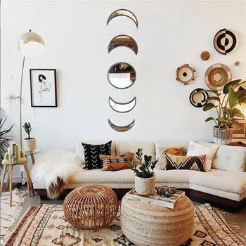

Scandinavian Natural Decor Acrylic Moonphase Mirrors Interior Design Wooden Moon Phase Mirror Bohemian Wall Decoration For Room