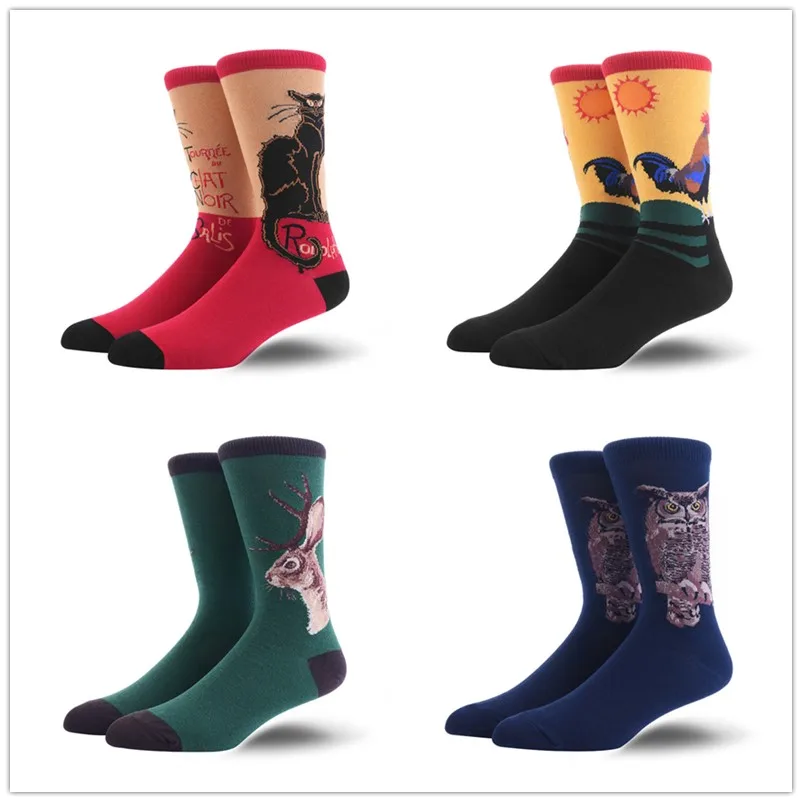 Cotone Adulto Happy Punky Fun Fancy Funny Lovely Crew Socks Cartoon Dawn Cock Gallo Sika Green Elk Deer Red Cat Dark Night Owl