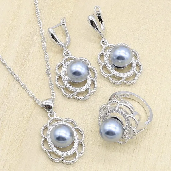 Серое жемчужное серебро 925 пробы свадебные комплекты украшений для женщин геометрические серьги подвеска из колец ожерелье День рождения Свадьба Подарок - Окраска металла: Gray Pearl