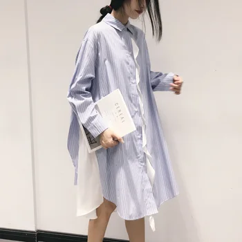 

TVVOVVIN 2019 Autumn New Vertical Stripe Stitching Chiffon Double Layer Shirt Loose Women's Ruffled Collar Shirt Dress B588