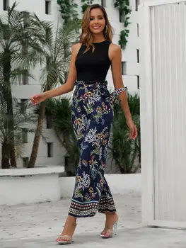 

Spring Summer Fashion Women Wide Leg Pants Korean Style Elegant Print Straight High Waist Pants