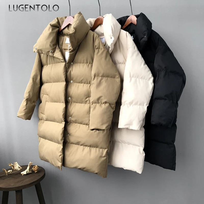 Lugentolo, Женское пальто, Зимняя парка, теплая, Корейская, утолщенная, длинная, повседневная, стоячий воротник, простая, свободная, на пуговицах, одежда, парки
