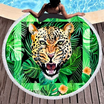 

Summer Large Round Beach Towel For Adults Creative Green Leaves Leopard Microfiber Tassels Beach Towels Travel Blanket Bath Mat