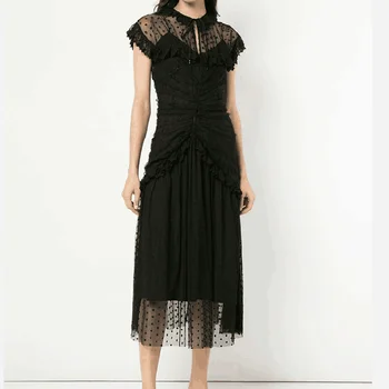 

HIGH QUALITY 2020 Newest Baroque Designer Dress Women's Elegant Sleeveless Black Dot Mesh Patchwork Lace Drape Dress
