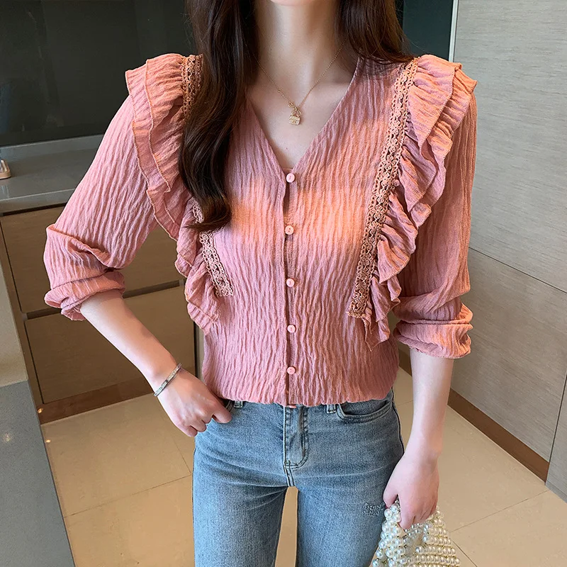 

2020 Spring New Style Korean-style Slim Fit V-neck Chiffon Blouse Long-sleeved Shirt WOMEN'S Dress Western Style Sweater Very Fa