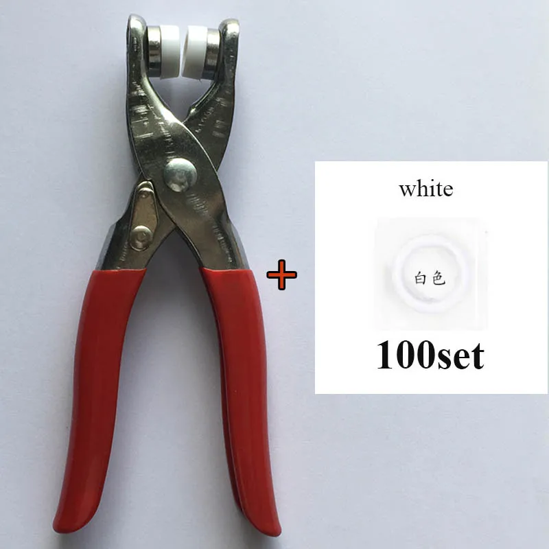 100 набор высокого качества латунь 9,5 мм клямерная кнопка, легко использовать плоскогубцы инструмент крепеж пресс штифты, кнопки пряжки - Цвет: plier and 100 white