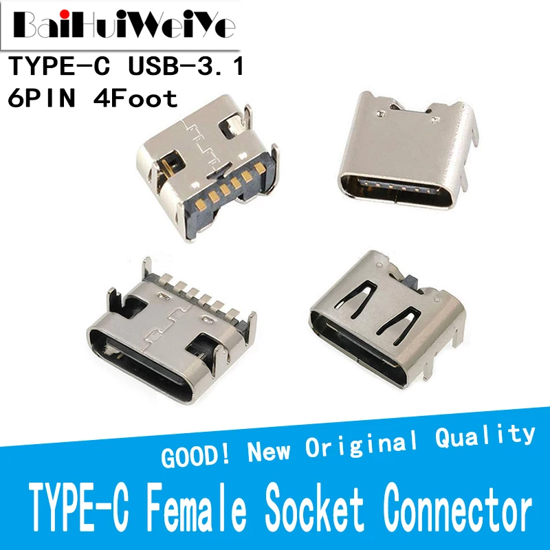 20Pcs/LOT Micro USB TYPE-C 6Pin Female Socket Connector 4 Foot For Tail Charging Mobile Phone OX Horn Type SMT USB 3.1 TYPE C 3pin xlr female chassis panel plug socket connector for mobility scooter car interior accessories dust proof charging port