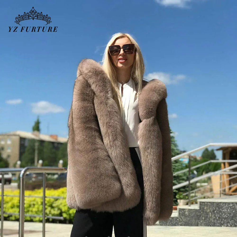 Новое модное натуральное пальто из натурального Лисьего меха женская короткая зимняя куртка с большим меховым капюшоном теплая натуральная Серебряная шуба