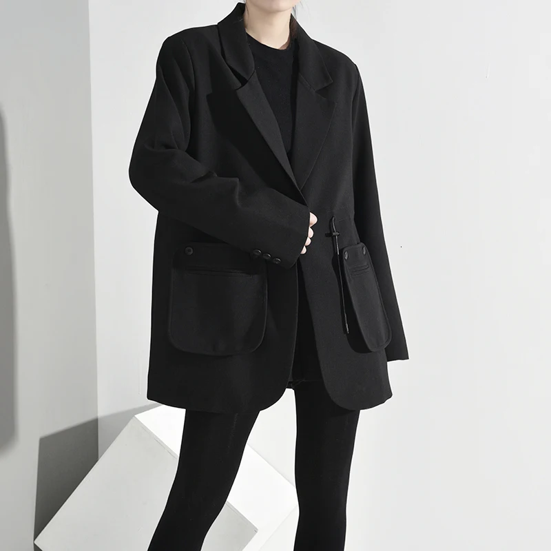 [EAM] женский черный короткий Блейзер на шнурке, новинка, свободный пиджак с отворотом и длинным рукавом, модный весенний осенний 1H7920