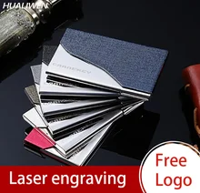 

Laser Engraved LOGO Luxury PU Leather Men's Business Card Holder Stainless Steel Aluminum Metal Box Lid Credit Card Holder
