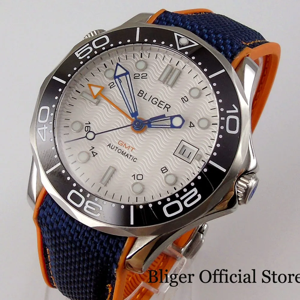 

BLIGER Logo Automatic Men Watch MINGZHU 3804 Movement Blue Rubber Strap Ceramic Insert Flat Sapphire Glass Folding Clasp