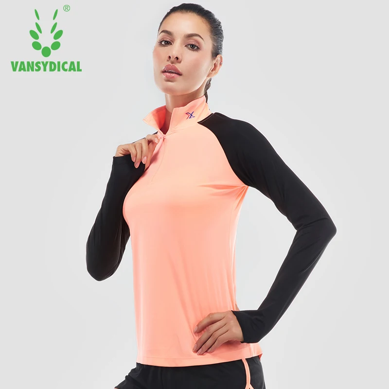 VANSYDICAL, спортивные футболки с длинным рукавом для бега, женские футболки с высокой горловиной на молнии, топ для йоги, для бега, Джерси, Женская дышащая футболка для тренажерного зала, фитнеса