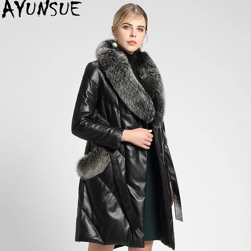 

AYUNSUE Genuine Leather Jacket Women Long Winter Down Jacket Sheepskin Leather Coat Fox Fur Collar duck down coats 6021 KJ3058