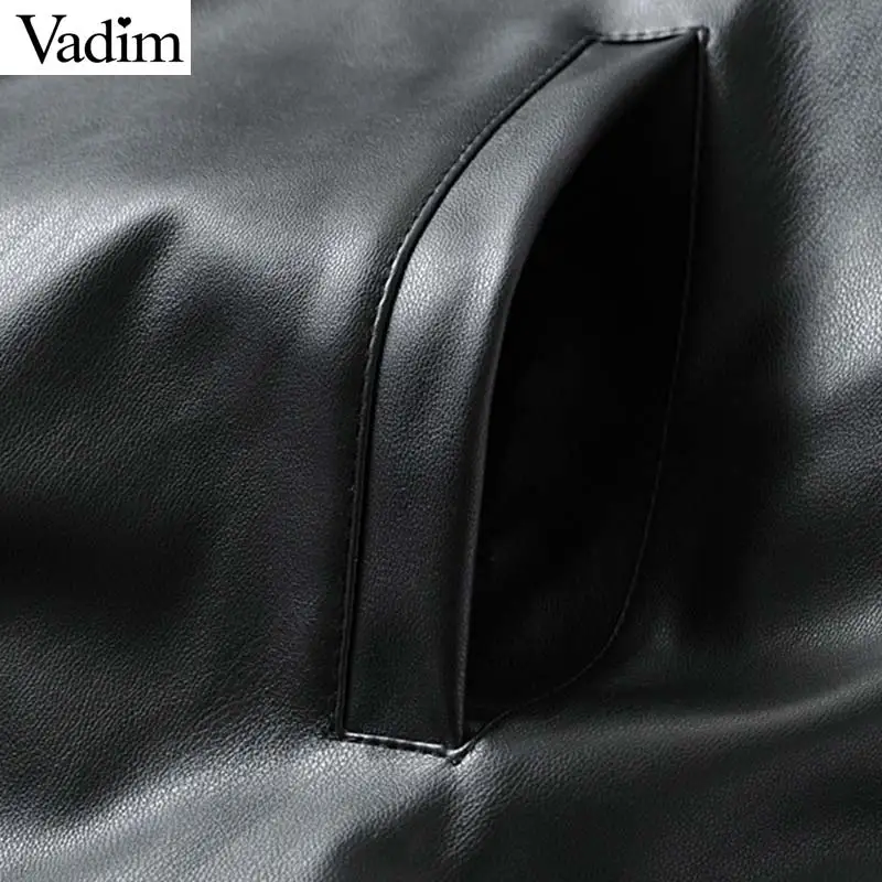 Vadim, женские шикарные Куртки из искусственной кожи, на молнии, с карманами, с длинным рукавом, черные пальто, женская верхняя одежда, стильные свободные топы CA613