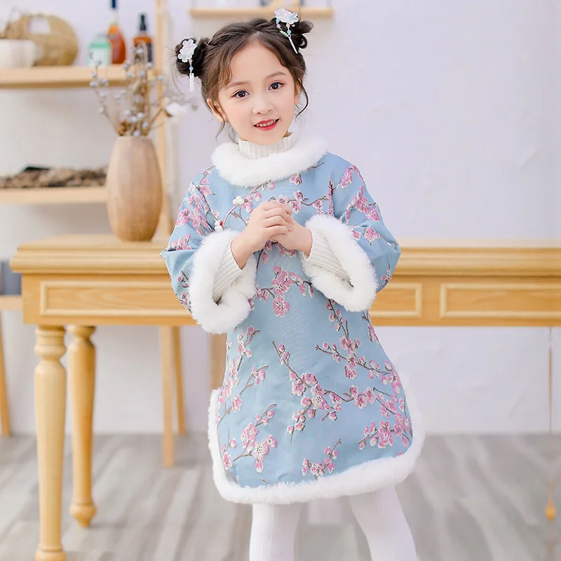 Чонсам для девочек, зимнее ханьфу китайское платье стильная одежда на год детская зимняя одежда на год от 4 до 12 лет