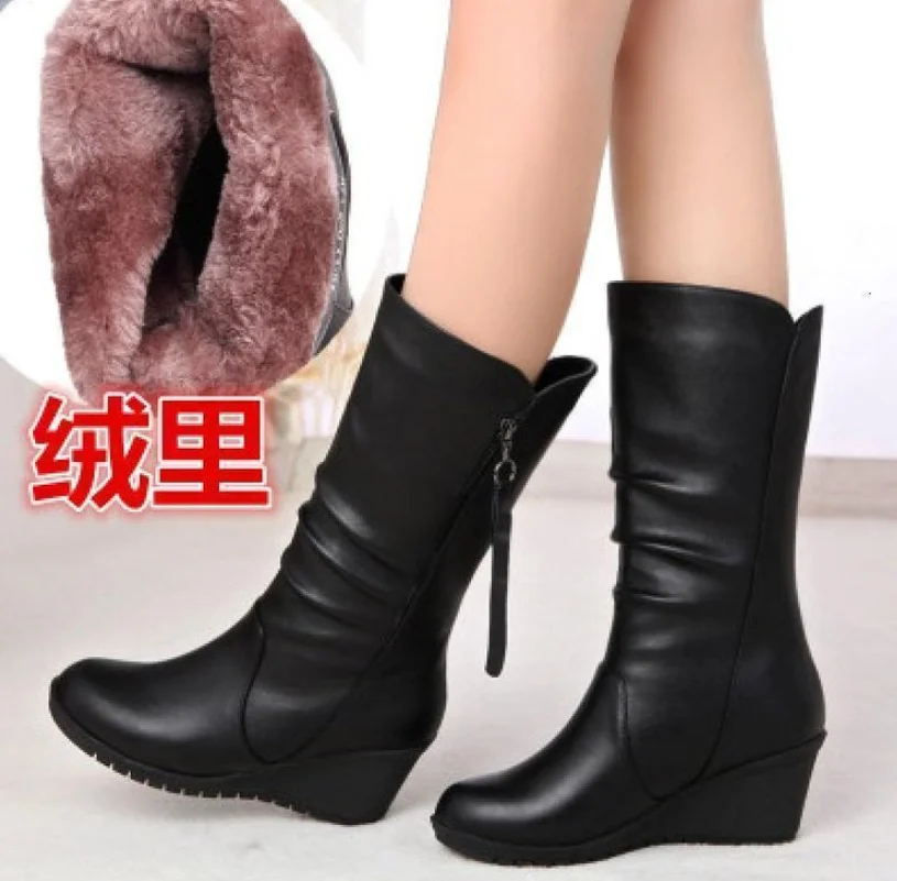 

Women Leather Winter Solid Color Mid-Calf Snow Boot Ladies Footwear Keep Warm Winter Shoes Plus Size 35-42