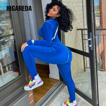 

2020 long sleeve zipper patchwork sexy jumpsuit autumn winter women streetwear outfits bodycon jump stretchy body