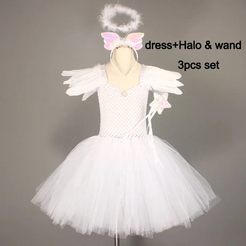 Белое платье-пачка небесного ангела для девочек с ореолом и блестками, крылья Ангела на спине, детское нарядное платье на Хэллоуин, Рождественский Костюм - Цвет: dress and halo wand