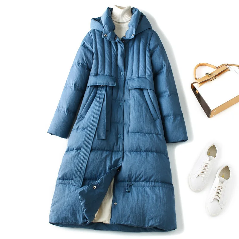 High Quality 90% White Duck Down Jacket Female Long Section Winter Fashion New Hooded Thick Warm Women's Jacket J10334 - Цвет: blue
