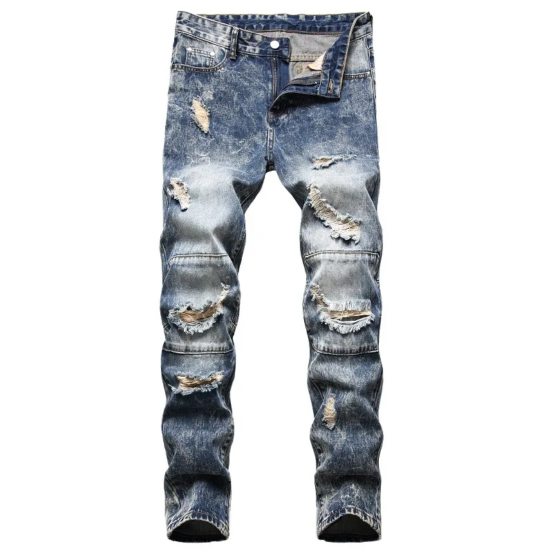 Men Ripped Jeans Blue Slim Fit Destroyed Holes Denim Pants Casual Biker Jeans Male Streetwear Hip hop Mens Punk Jeans Hombre 42