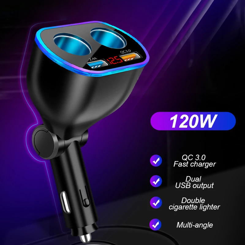 120 Вт двойной прикуриватель автомобиля Зарядное устройство 4 в 1 QC 3 0 светодиодный