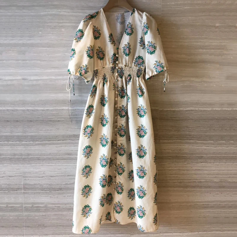 Elegant Long Dress For Women Autumn Sexy V-neck Floral Print Short Sleeve Dress Office Lady Long Dress Women Party
