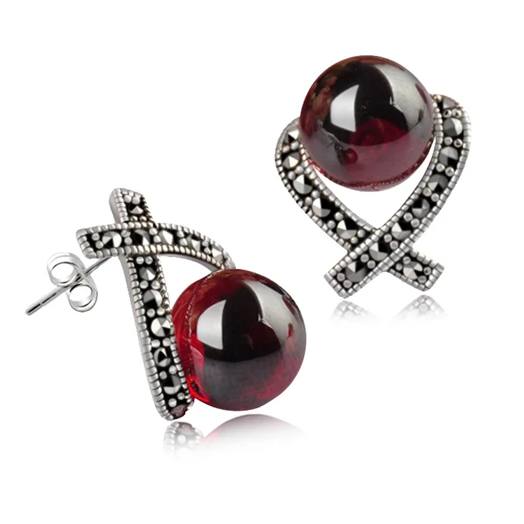 Red Garnet Стерлинговое Серебро 925 пробы, красный гранат, черный агат, сердце, серьги-гвоздики, марказит, для женщин, тайское серебро, подарок, Brincos Aretes, ювелирные изделия, CH020404 - Цвет камня: Red Garnet