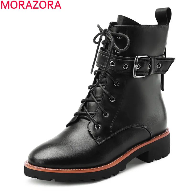 

MORAZORA 2020 new brand genuine leather women boots low heel round toe buckle comfortable leisure winter ankle boots