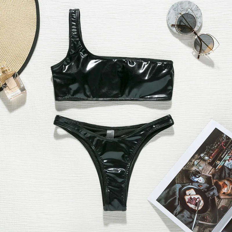 Sexy Bandeau bikini swimsuit female One-shoulder swimwear women push up High cut bathing suit solid green black biquini new - Цвет: X19SW2373-1