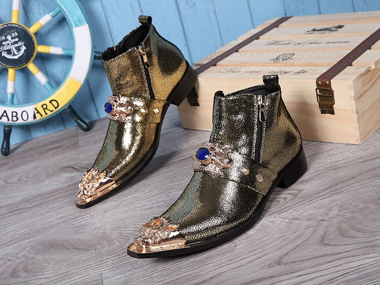 Christia Bella British Style Metal Carved Pointed Toe Male Short Boots Fashion Party Men's Golden Genuine Leather Ankle Boots