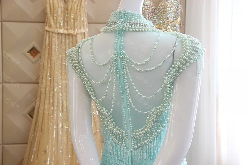 Robe de soiree, с высоким воротом, небесно-голубое кружевное платье-Русалка для выпускного,, прозрачные сзади, на заказ, с жемчугом, вечерние платья для матери невесты