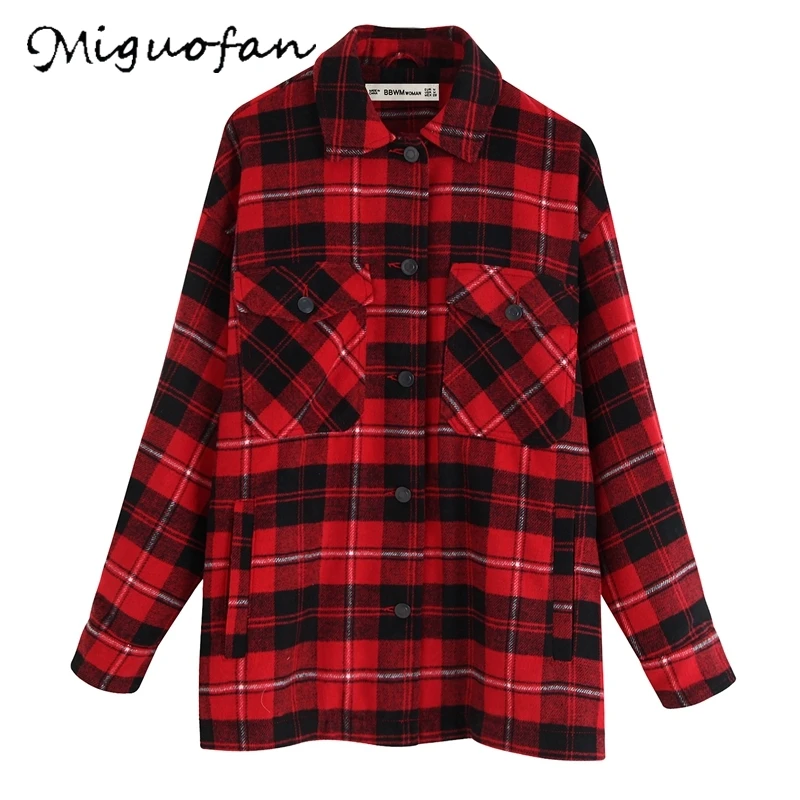 Miguofan, красные клетчатые повседневные рубашки, женские рубашки, большие размеры, на пуговицах, Осень-зима, блузки, рубашки с карманами, свободные рубашки с длинным рукавом - Цвет: Красный