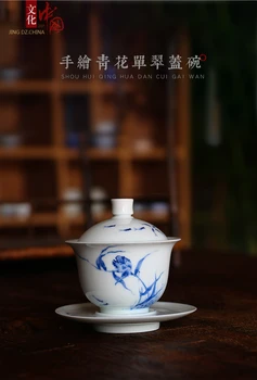 

Chinese tea tureen holds Hand-painted blue and white porcelain tea set