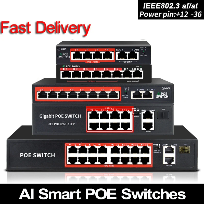48V POE switch con standardizzato RJ45 porta IEEE 802.3 af/a 4port /8 porte switch di Rete ethernet con 10/100Mbps per POE telecamere