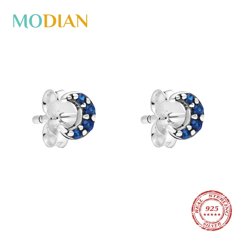 Modian, модные, синие, кубические циркония, очаровательные, лунные, маленькие серьги-гвоздики, 925 пробы, серебряные, классические ювелирные изделия для женщин, рождественский подарок