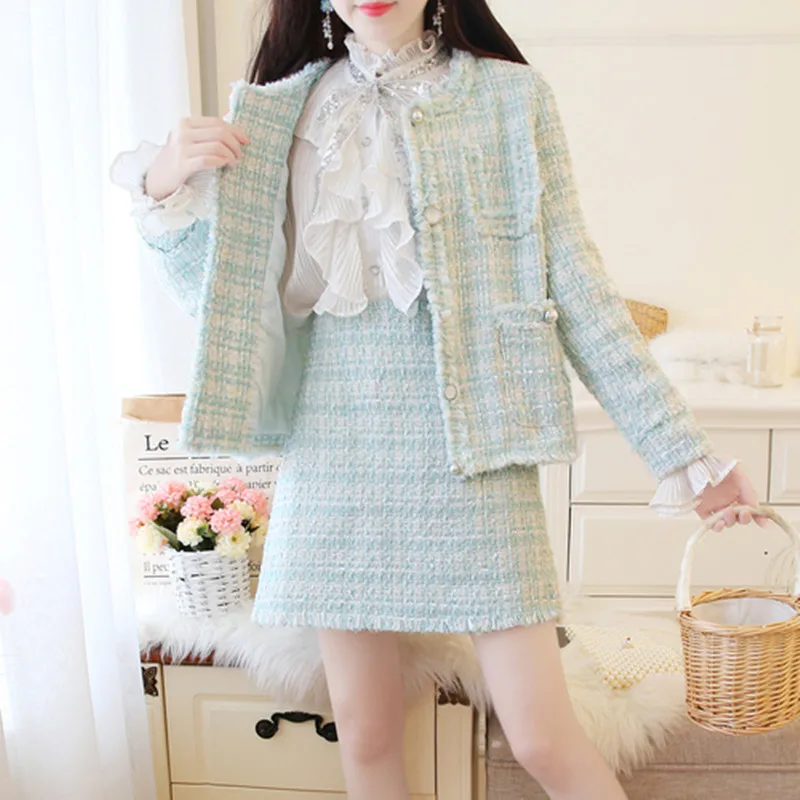 Женский твидовый костюм из двух предметов с кисточками однобортное пальто