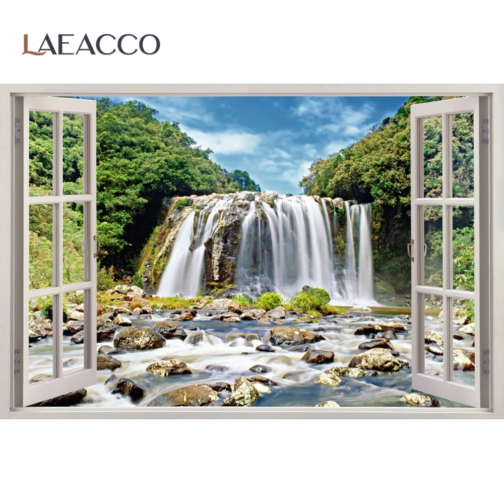 Фон для фотосъемки Laeacco тропические пальмы дерево окно остров море пляж голубое