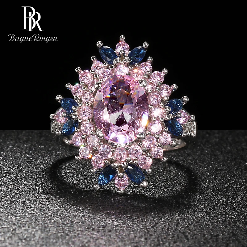 Розовый Bague Ringen кольцо в форме цветка для женщин серебро 925 ювелирные изделия цвета драгоценные камни женские вечерние аксессуары подарок для свиданий - Цвет камня: Розовый