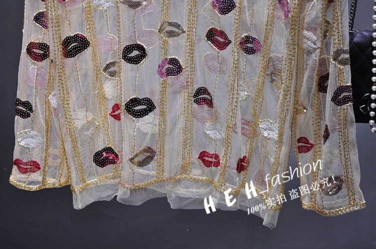 Сексуальные женские прозрачные вышивка губ сетки блузки Леди bling футболки с блестками женские прозрачные топы женские сексуальные топы с губами