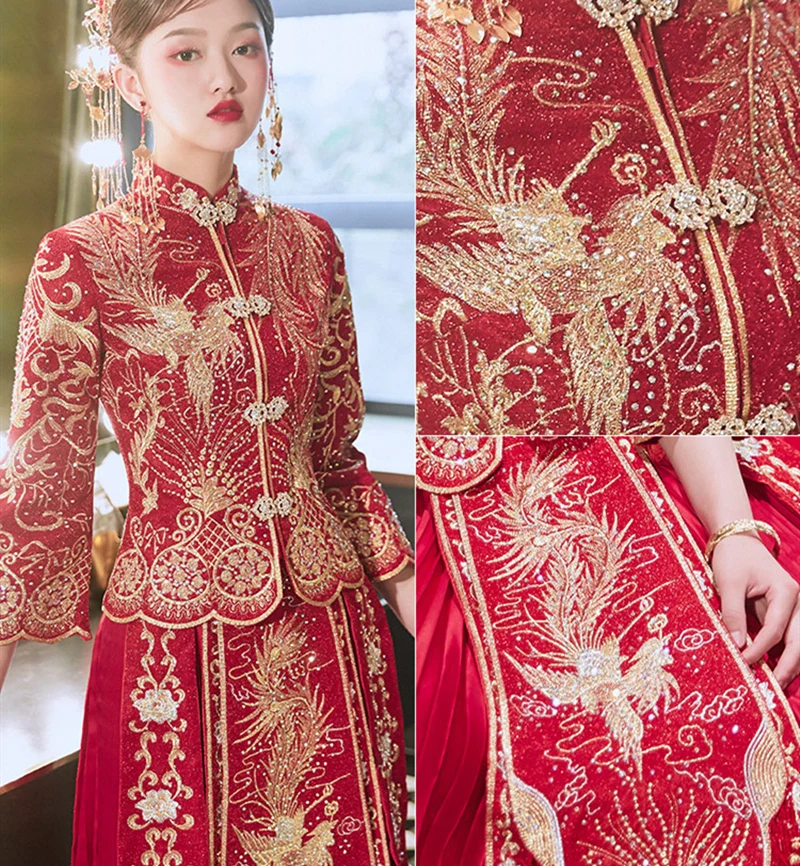 

Oversize 3XL Phoenix Embroidery Chinese Bride Wedding Dress Retro Chinese Cheongsam Bride Groom Toast Clothing Long Section