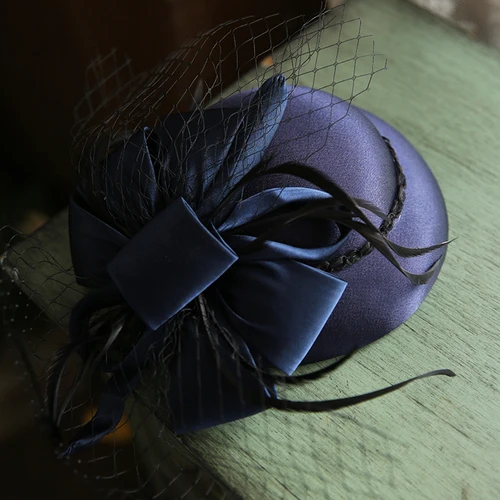 Dark Blue Осень, конная гонка, вечерний ужин, Коктейльная женская вуаль, вуаль, чародейка, шляпа, белый, черный, атласный бант, свадебная шляпа, головной убор, заколки для волос - Цвет: Dark Blue