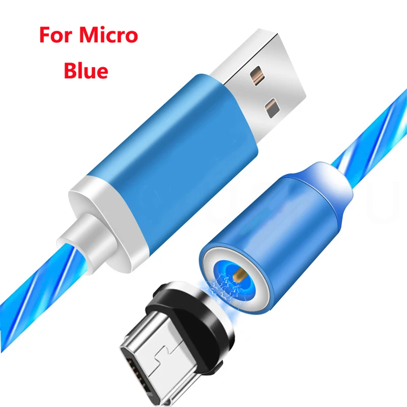 Магнитный светящийся струящийся кабель Micro USB провод для быстрой зарядки для OPPO A3 A3S A5 A7 A9 F3 F5 F7 F9 F11 быстрое зарядное устройство для автомобиля - Тип штекера: Blue