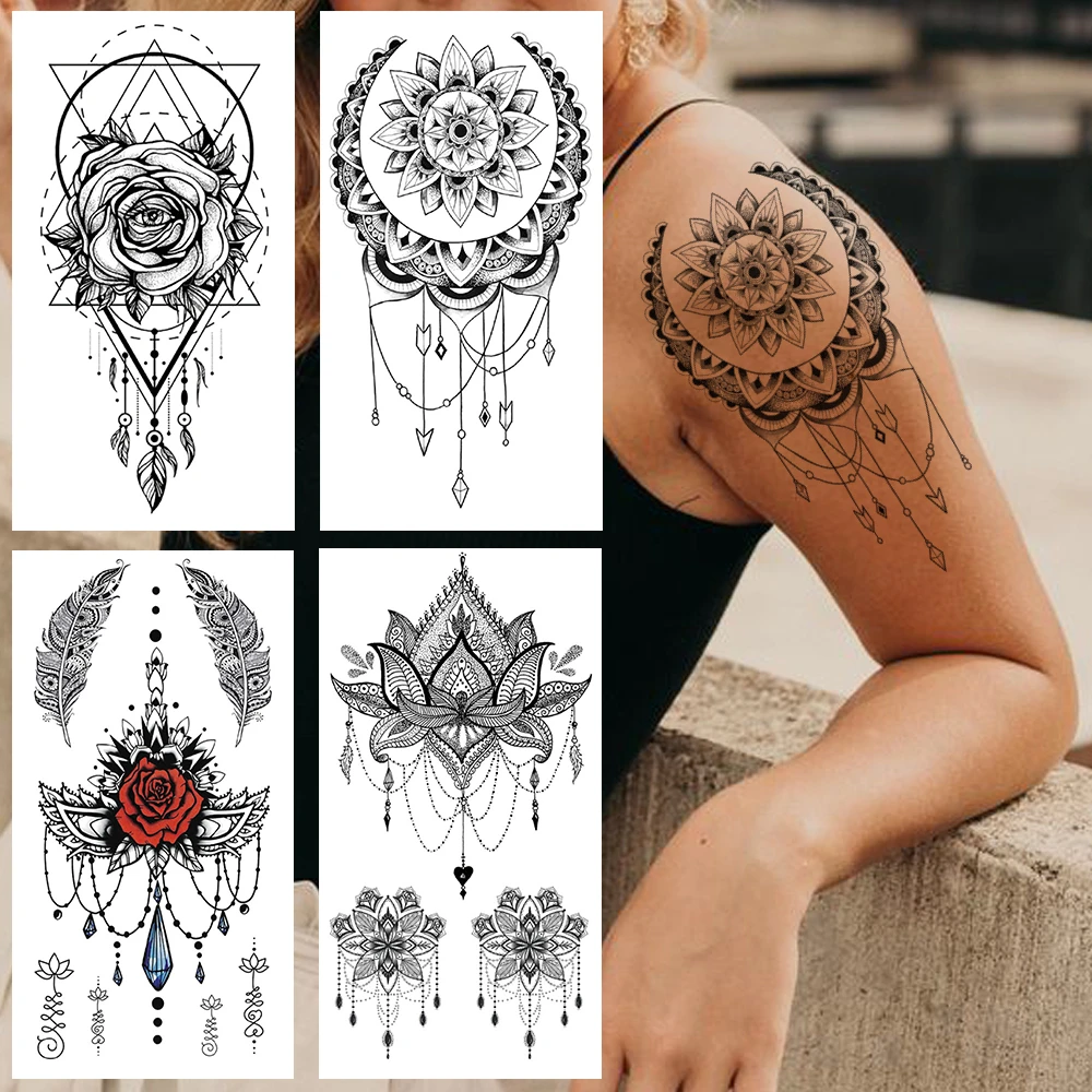 Moon Mehndi Fake Temporary Tattoo For Women Sexy Feather Tattoos Sticker  Geometric Flower Mandala Henna Tatoos Body Arm Pendants|Temporary Tattoos|  - AliExpress