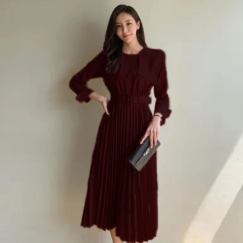 Red H Han queen/однотонное плиссированное платье длиной до щиколотки, женские зимние повседневные приталенные платья OL, новинка, ТРАПЕЦИЕВИДНОЕ ПЛАТЬЕ С Поясом - Цвет: Red