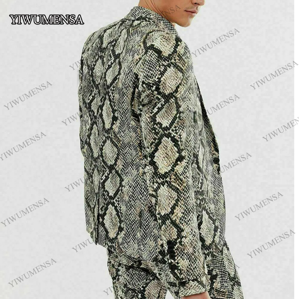 Snake Printed Suits Men Youthful Vitality Party Dress Single Breasted Coat Pant Design 2 Pieces Club Bar Grooms Wedding Tuxedo