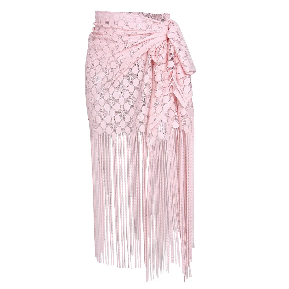 Pink MrY Модный чехол для женщин, сексуальный пляжный бикини, купальник с кисточками, саронг, юбка парео, купальник, белый/черный/розовый - Цвет: Pink
