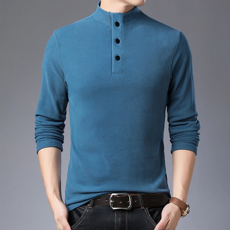 Men's Fleece Long-sleeve T-shirt Fleece Half-high Collar Bottoming Shirt Soft Warm Solid Color Men's Clothing MTL117 - Цвет: Lake blue