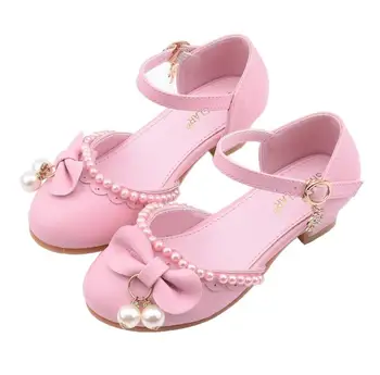 

Girls Leather Shoes For Kids Rhinestone High Heel Pearl Bow Princess Shoes Girls Autumn Spring Rubber Party For Children