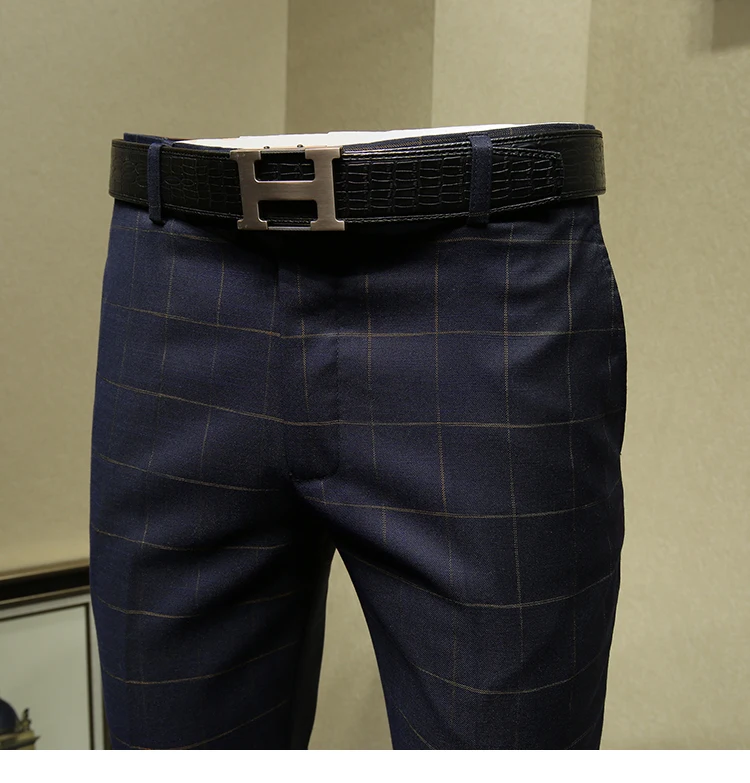 mens dress pants deep blue plaid slim fit retro suit pants formal pant for business man casual autumn wedding groom trouser